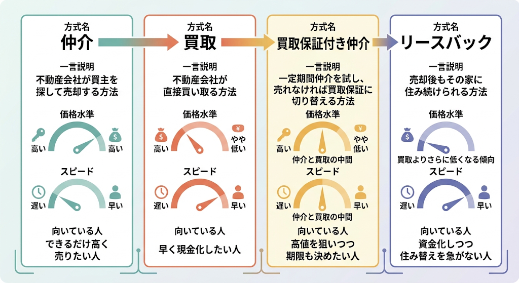不動産売却の4方式（仲介・買取・買取保証付き仲介・リースバック）を比較した横並びの図解画像。