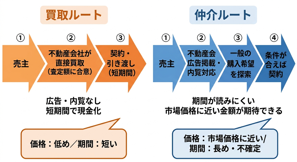 不動産の買取ルート（暖色）と仲介ルート（寒色）をステップ順の矢印と吹き出しで比較した図解。