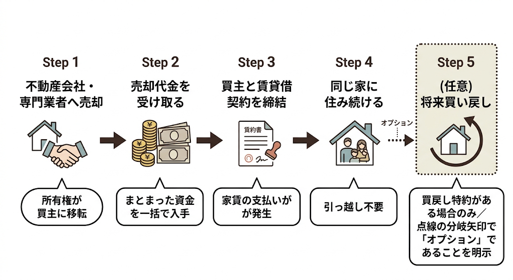 リースバックの流れを示す5ステップのフロー図。ステップ5のみ点線枠で任意であることを明示。
