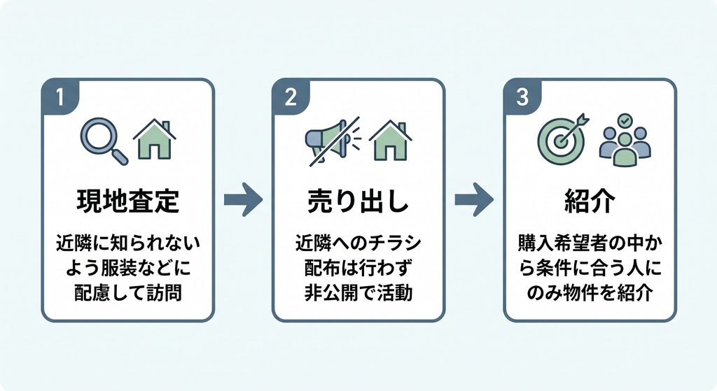 横並びの3ステップ図。1:現地査定(服装配慮)、2:売り出し(チラシなし非公開)、3:紹介(条件合う人のみ)