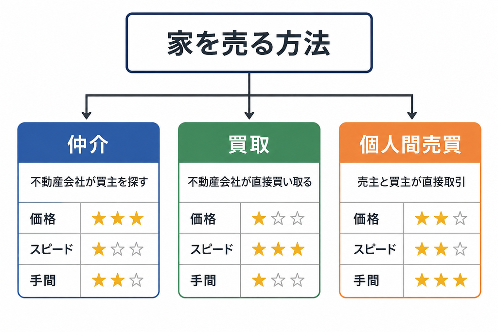 家を売る方法を仲介・買取・個人間売買に分類し、価格・スピード・手間を星で比較した図解
