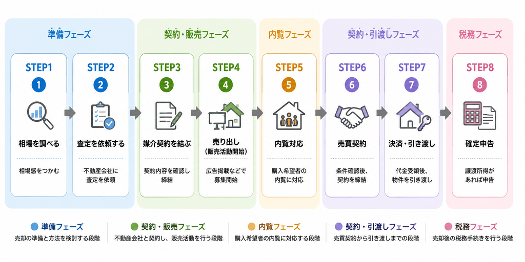 家を売る流れを相場調査から確定申告まで8ステップと5つのフェーズで示した図解