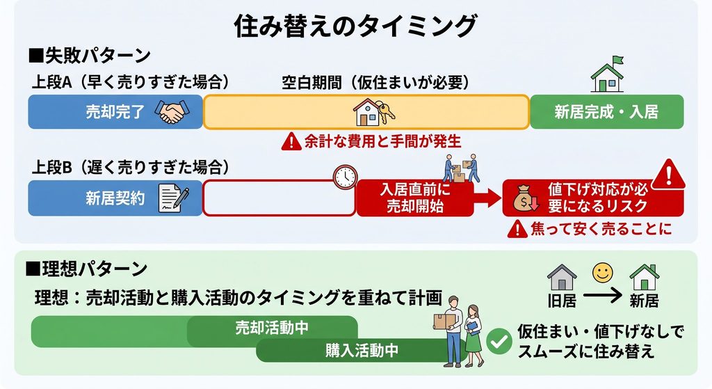 住み替えのタイミング比較図。早く売りすぎた場合、遅く売りすぎた場合、理想の重ね合わせパターンを解説。