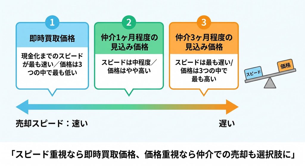 売却スピードと価格のトレードオフを示す比較図。3つの買取・仲介条件とシーソーを配置。