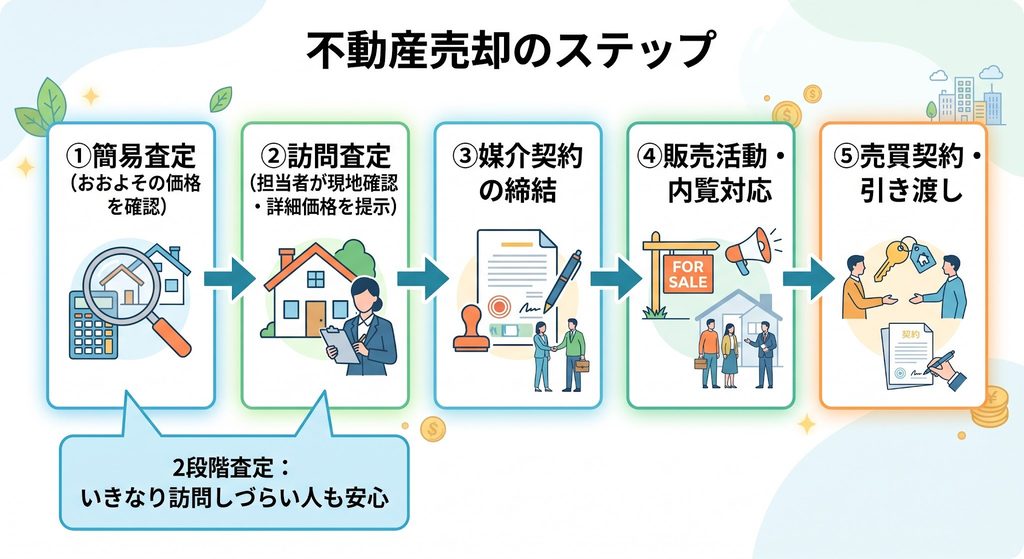不動売買の5ステップの流れを解説した横並びの図解イラスト。吹き出し補足とアイコン付き。