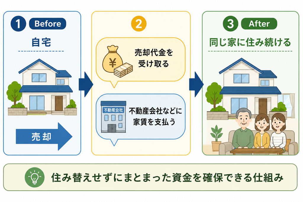 リースバックを活用して売却後の住宅に住み続けるイメージ
