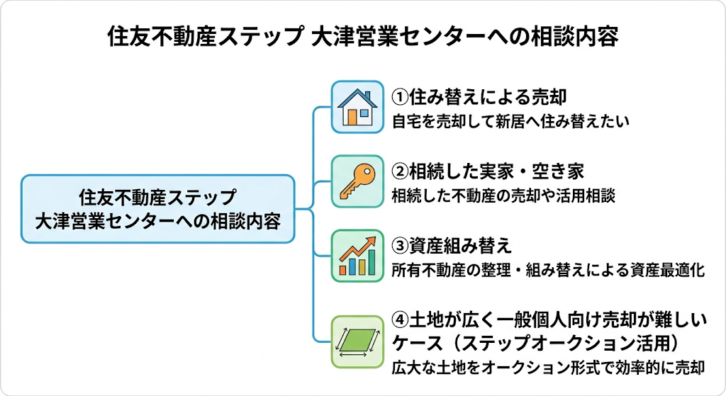 住友不動産ステップ大津営業センターへの4つの相談内容（住み替え、相続、資産組み替え、土地売却）の図解