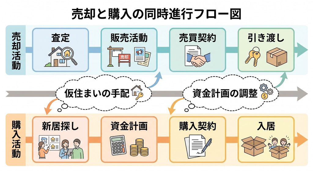 売却と購入の時系列を上下2段で表し、中央の吹き出しで調整項目を描いた不動産買い替えフロー図