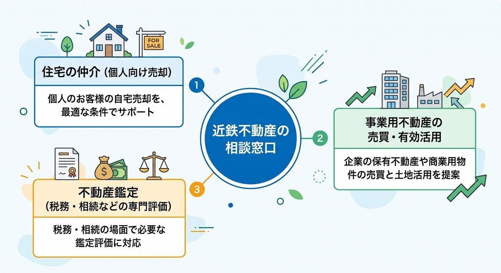 近鉄不動産の相談窓口を中心に、住宅仲介・事業用不動産・不動産鑑定の3つの相談領域へ分岐する概念図。