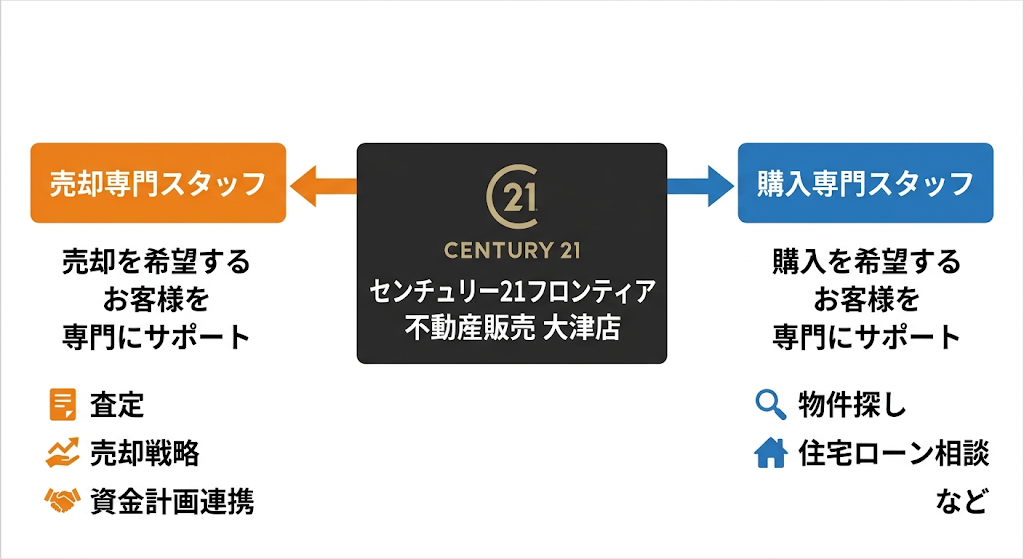 センチュリー21大津店の組織図。左右に売却専門（オレンジ）と購入専門（ブルー）のサポート体制を図解。
