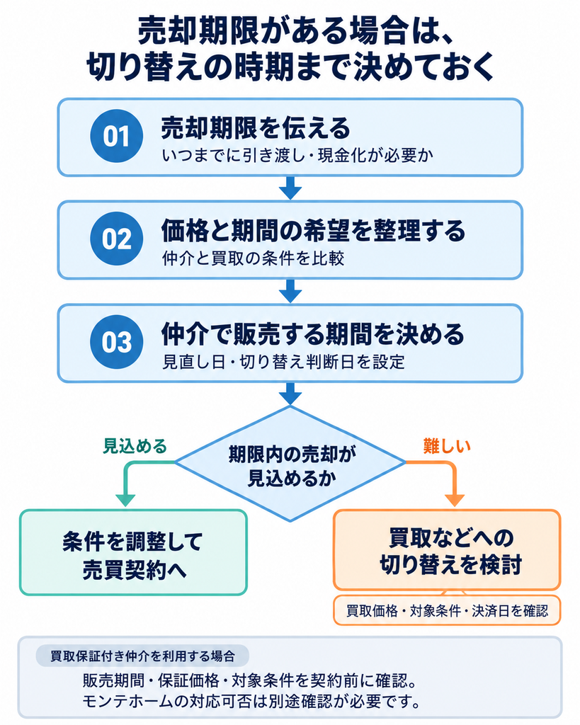 売却期限と価格・期間の希望を整理し、仲介の販売期間を設定するフロー図