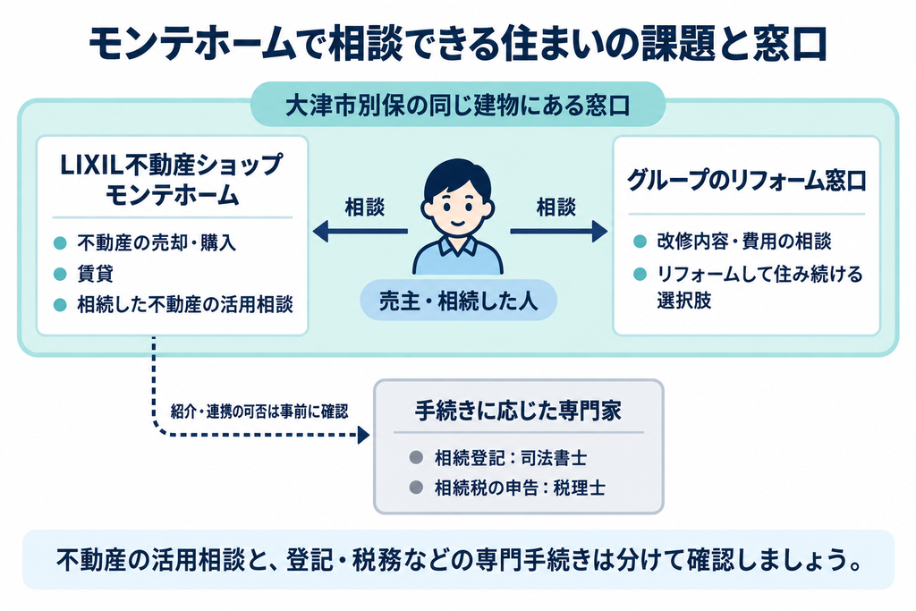 モンテホームの不動産窓口とグループのリフォーム窓口で相談できる内容、相続登記・税務を担う専門家との関係を示した図